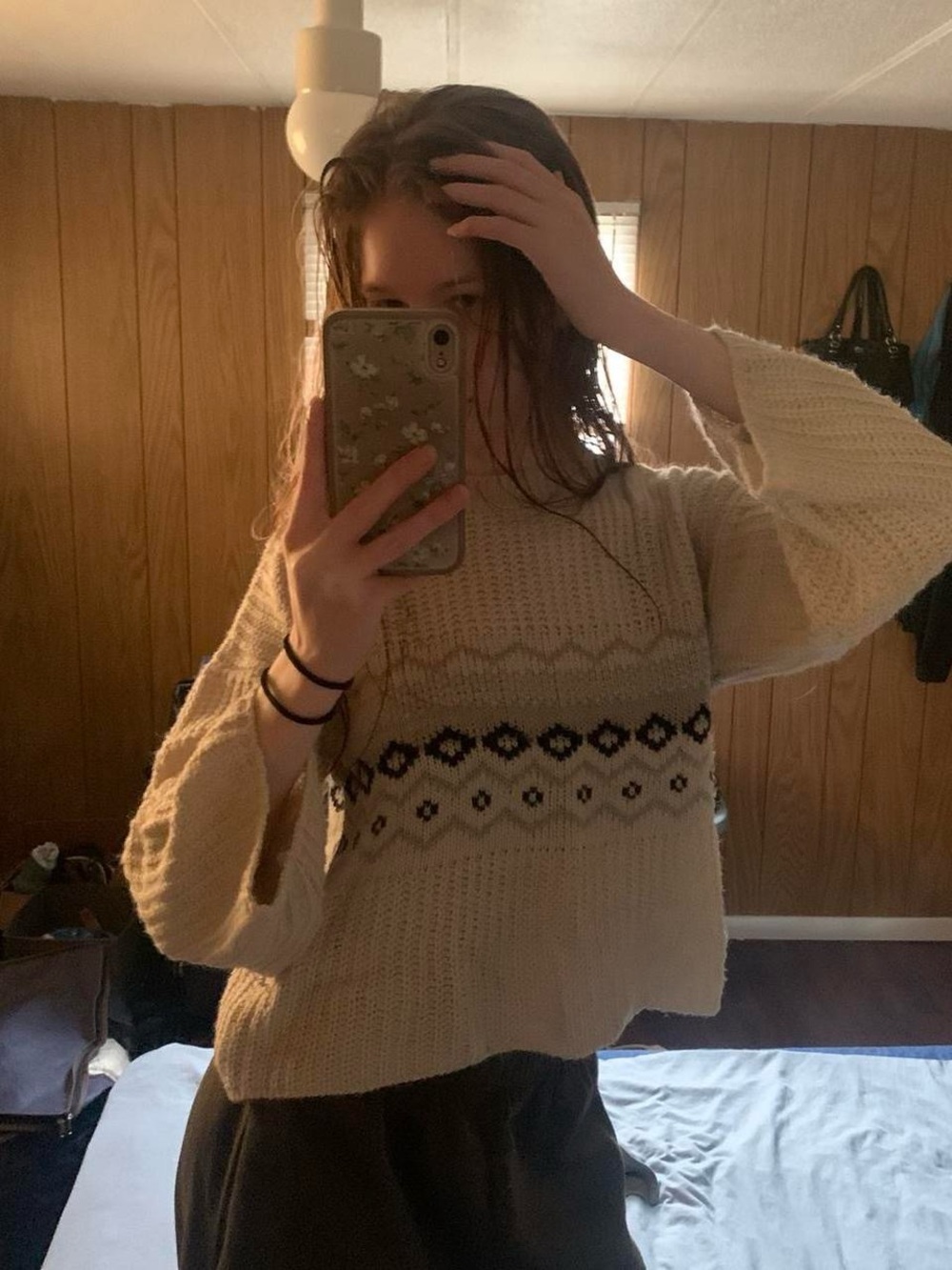Trendyol Cream Crewneck Sweater with Black Fair Isle Band